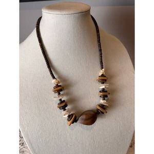 Boho Chic Wood Bead and Shell Necklace 24"